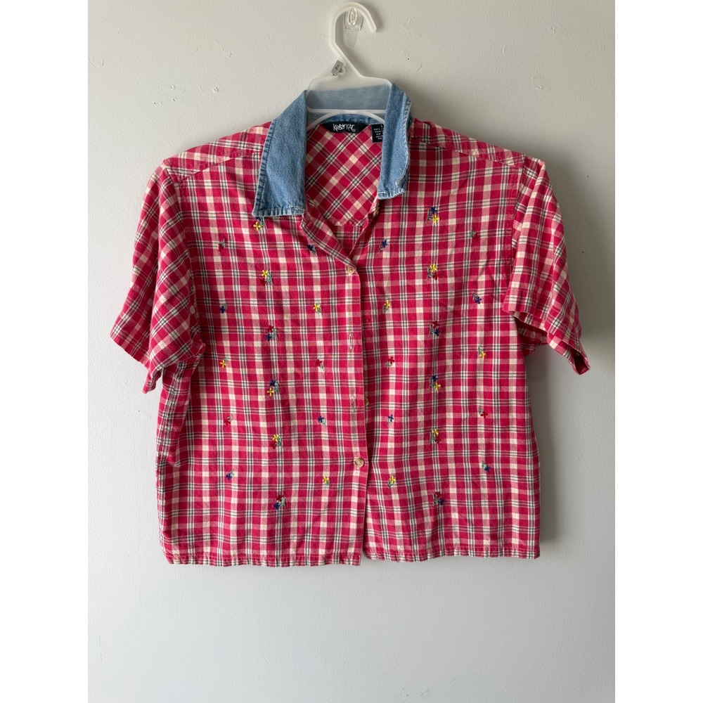 Krazy Kat Vintage Plaid Embroidered Floral Button Up Shirt Denim Collar Red L